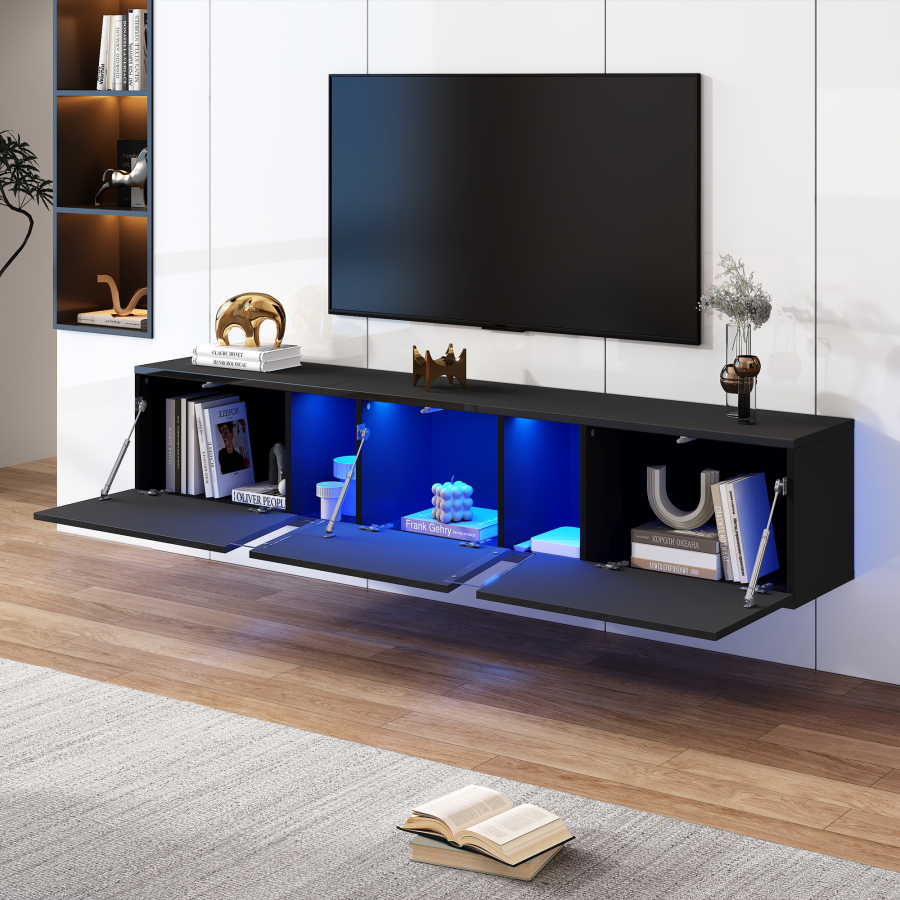 Mueble de tv suspendido con 3 puertas LED negro 30x180x35cm