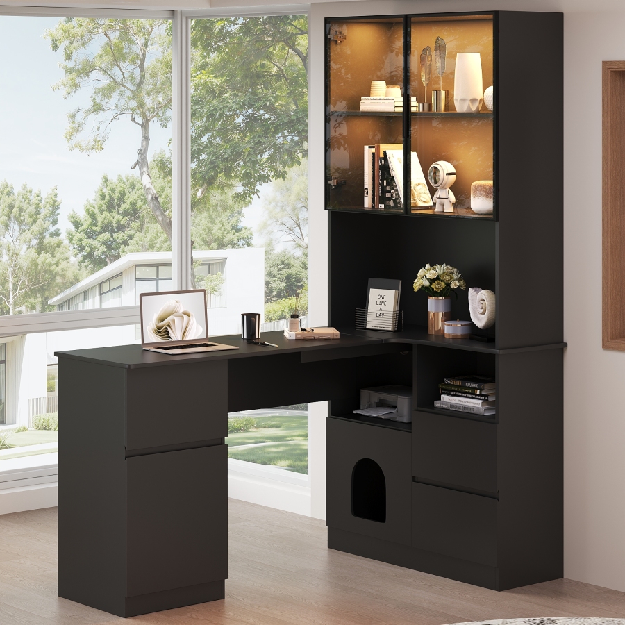Escritorio esquinero con estantería mdf negro 180x120x80cm