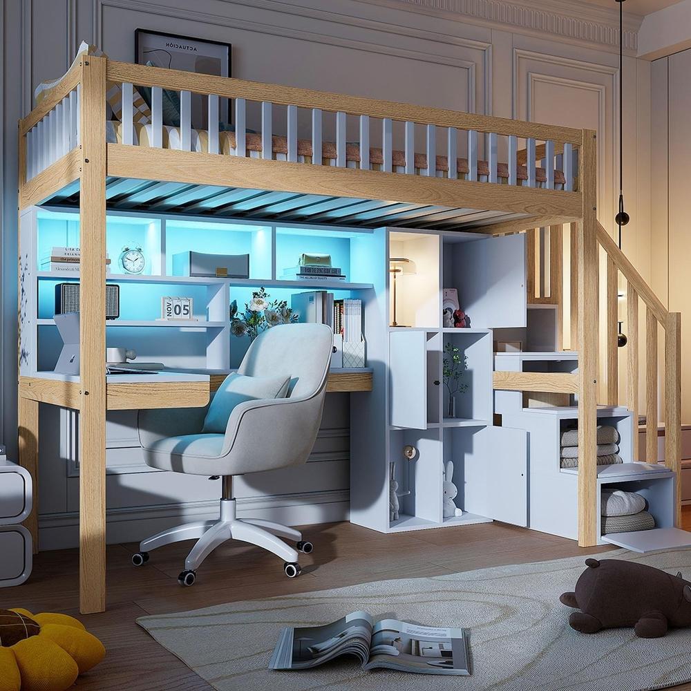 Cama alta con LED, escritorio y escalera 90x200cm, blanco natural
