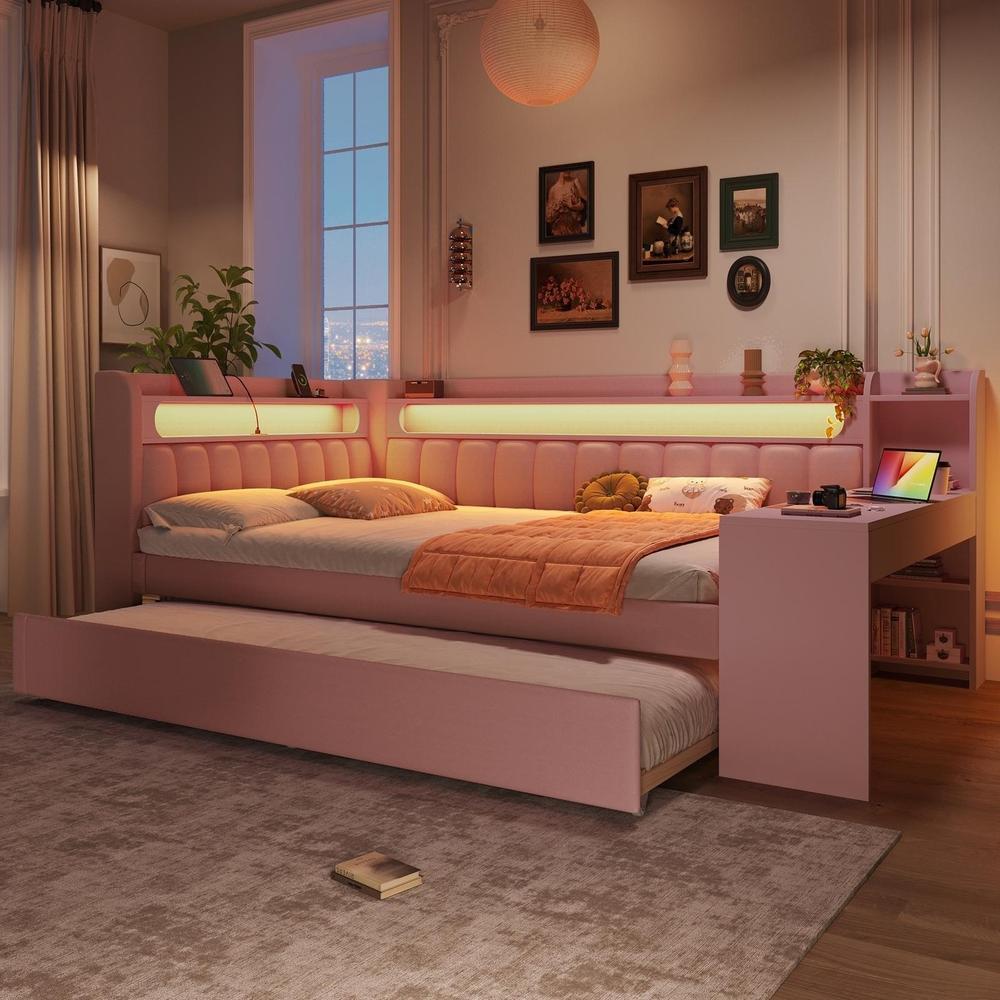 Cama 140x200cm con LED 7 colores, usb, cajón 90x190, escritorio, rosa