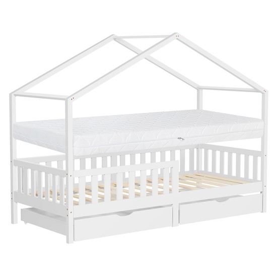Cama infantil casa de madera blanco 90x200cm 2 cajones + colchón 16cm