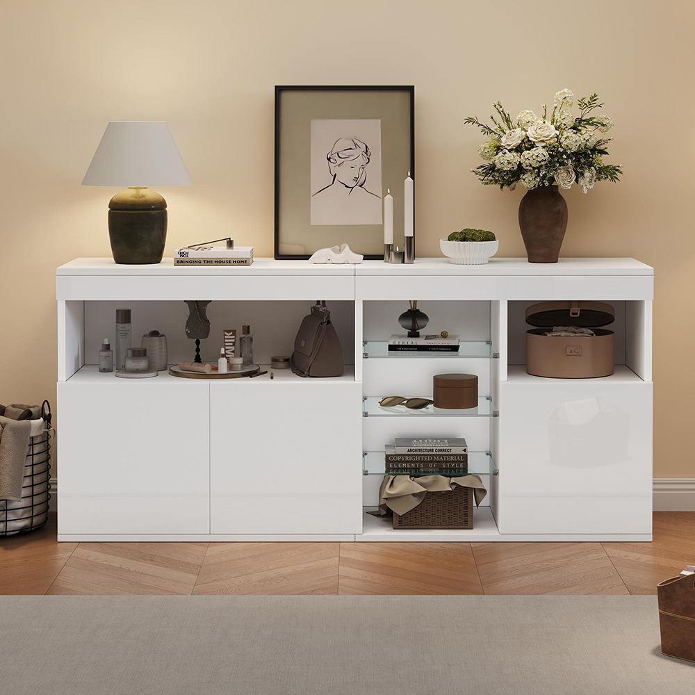 Mueble de salón con iluminación LED, sin tiradores, blanco