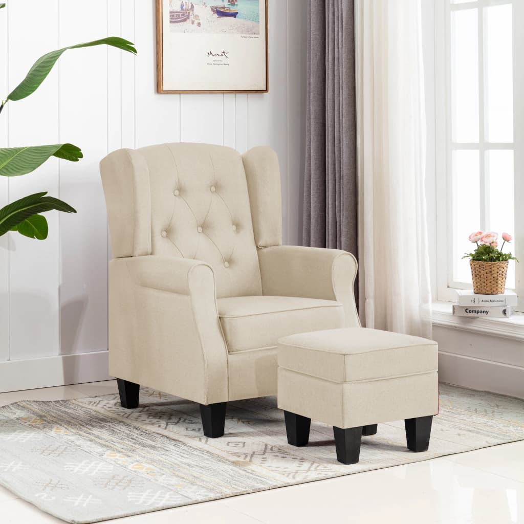 Sillón con reposapiés de tela crema qweo1706