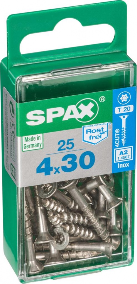 Caja 25 unid. Tornillo madera spax cabeza plana inox a2 4,0x30mm
