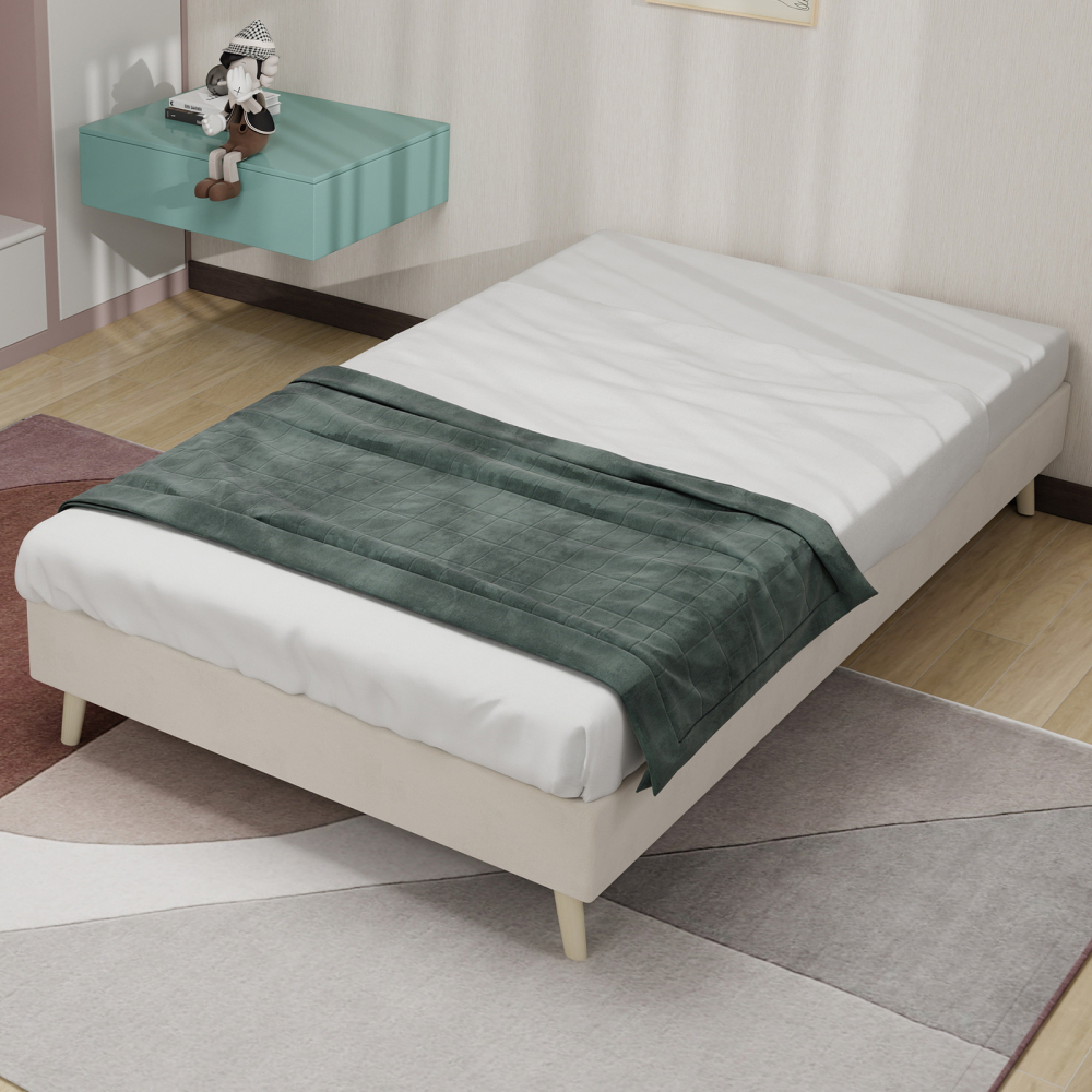 Cama tapizada 90x200cm con almacenaje inferior tela y metal – color beige