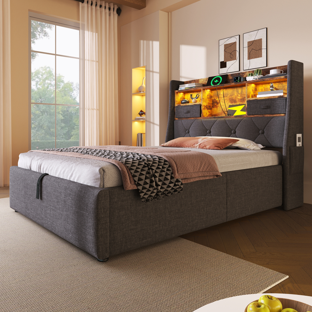Cama tapizada 90x200cm almacenaje hidráulico LED carga lino gris colchón