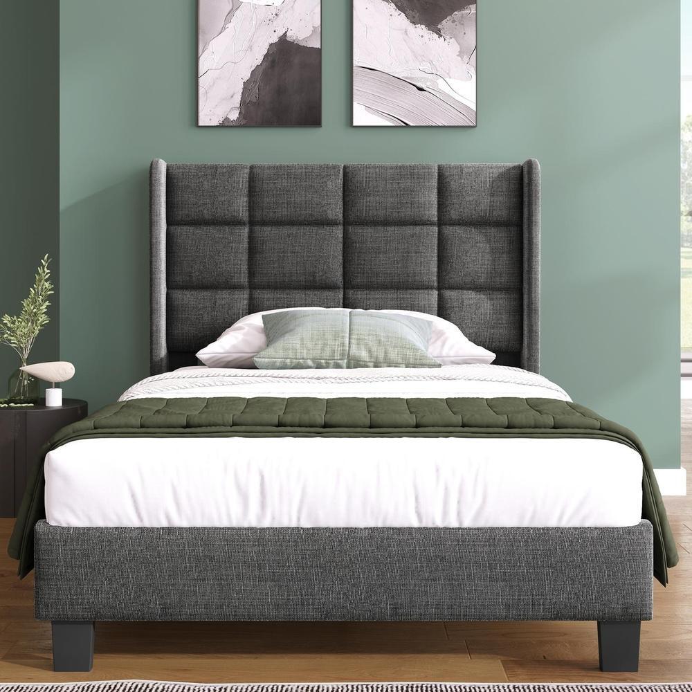 Cama individual 90x200 cm, azul lino, cabecero alto, estructura acero
