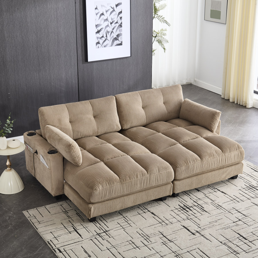 Sofá modular de 2 plazas terciopelo caqui con 2 cojines y puertos usb