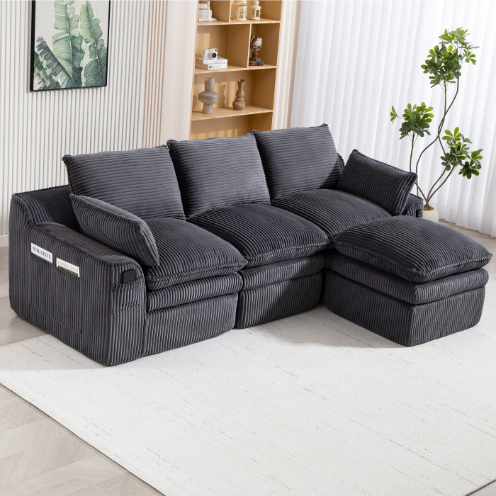 Sofá modular 3 plazas pana gris oscuro con otomana