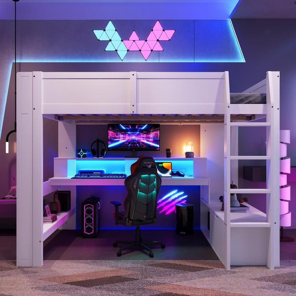 Cama altillo gaming 140x200cm con escritorio cajón estantes LED blanco