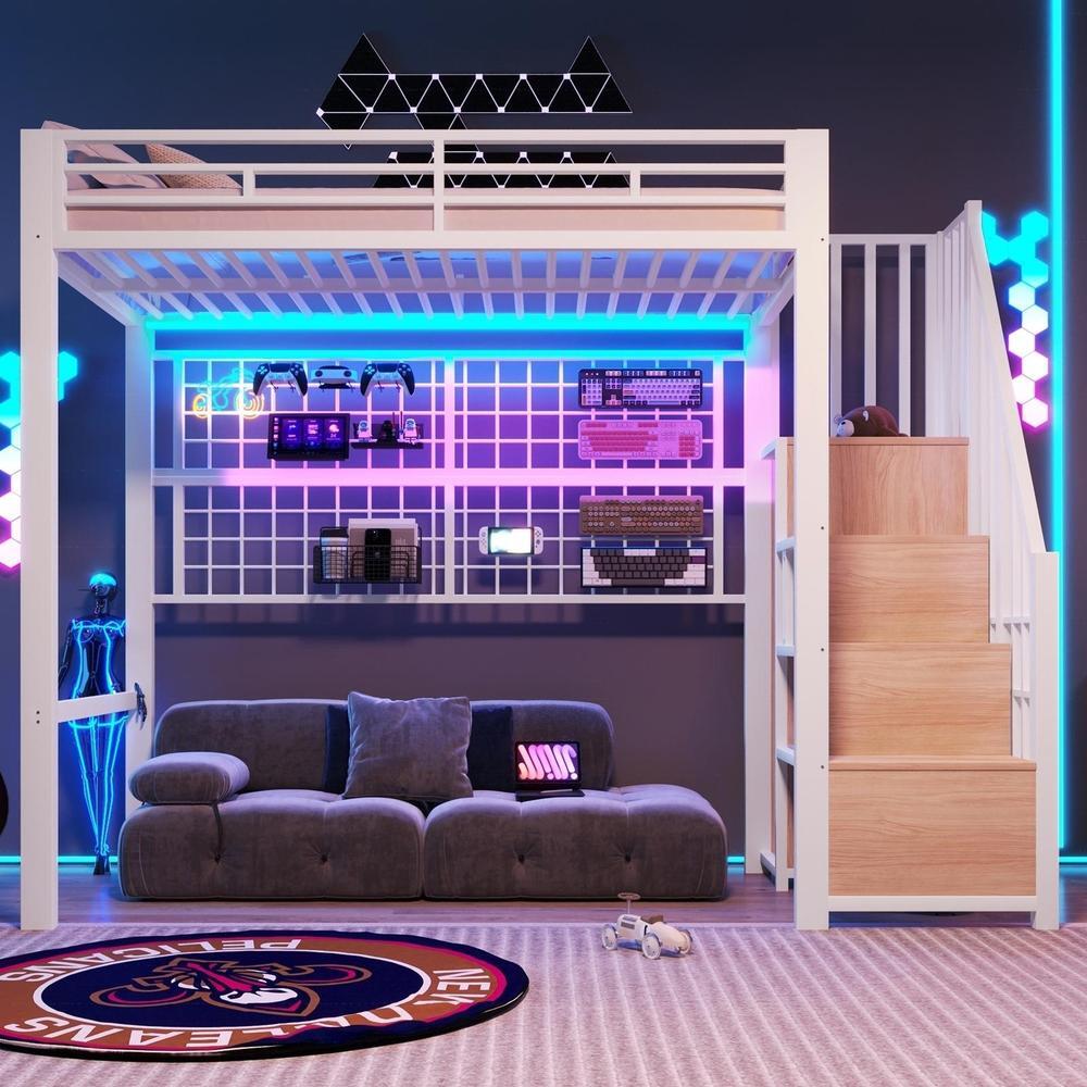 Cama alta 90x200 cm con armario, escalera, LED 7 colores, blanca