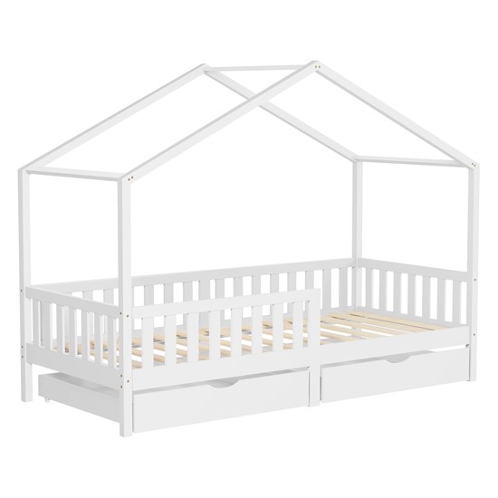 Cama infantil casa madera blanco maciza de pino 90x200cm 2 cajones