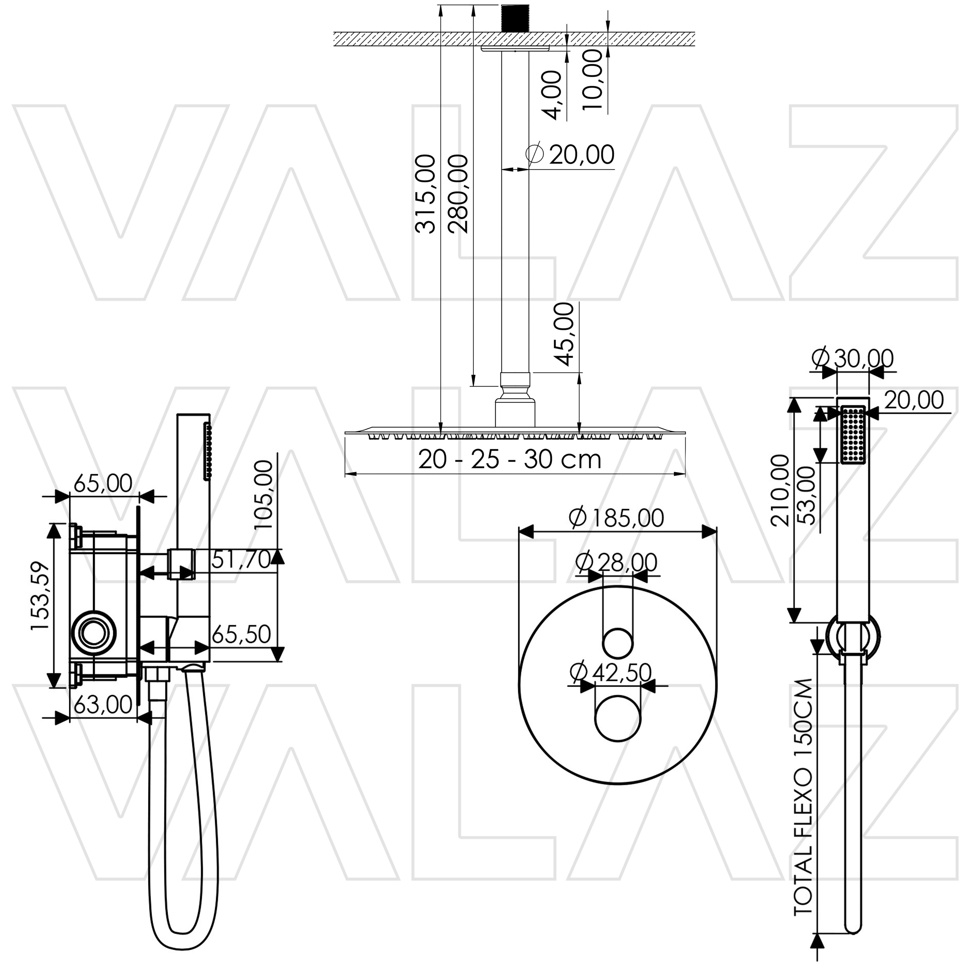 Valaz ducha empotrada monomando techo redonda maneta luxury oro mate - 30cm