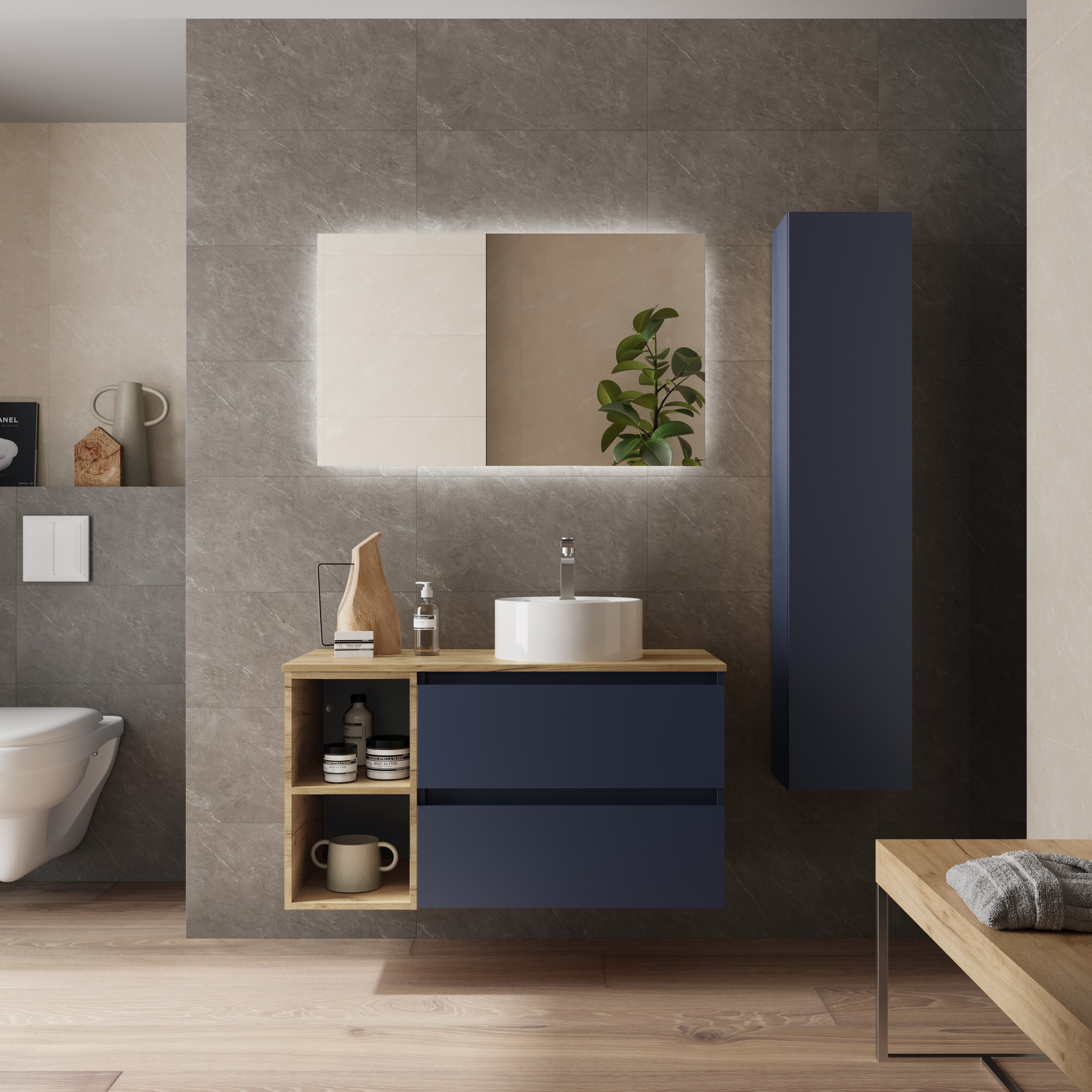 Mueble bequia 90cm + coqueta reversible + encimera + lavabo | azul/ roble