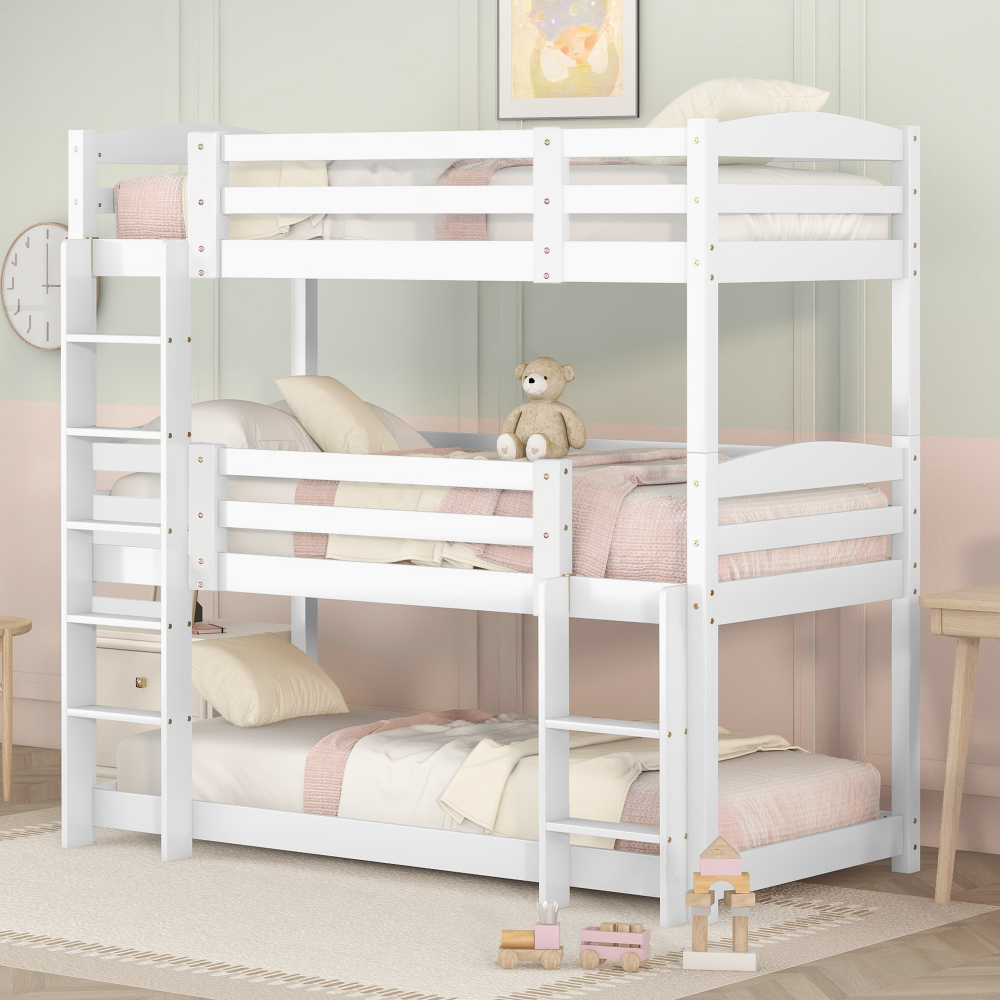 Litera triple 90x200cm con 2 escaleras madera de pino y mdf – blanco