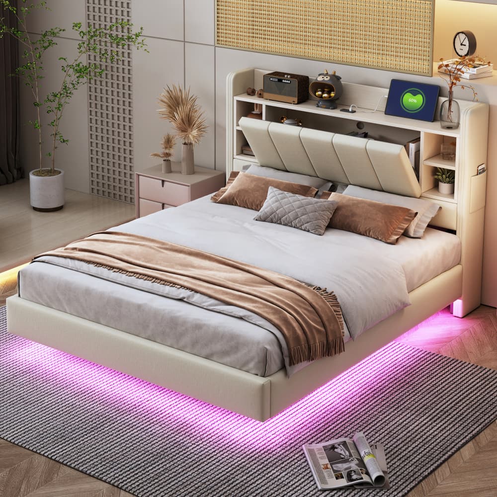 Cama tapizada 140x200 cm con LED, usb y almacenaje lino – color beige