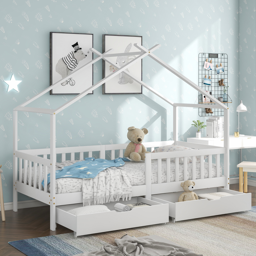 Cama casita 90x200cm con cajones y barandilla madera maciza – blanco