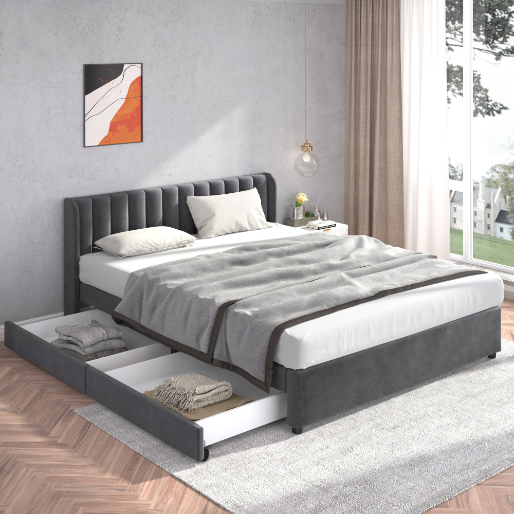 Cama tapizada 180x200cm con 2 cajones y somier de láminas terciopelo gris
