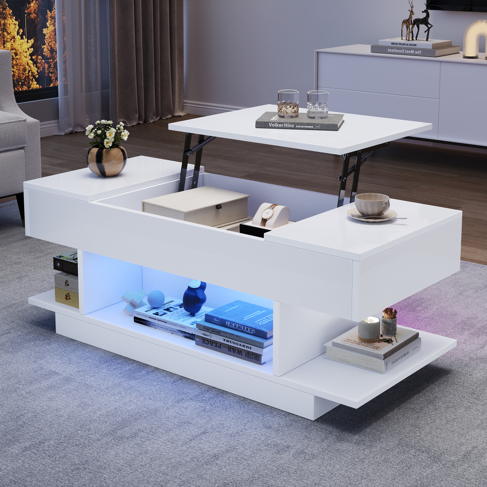 Mesa de centro elevable con LED madera blanca 40x98x45cm