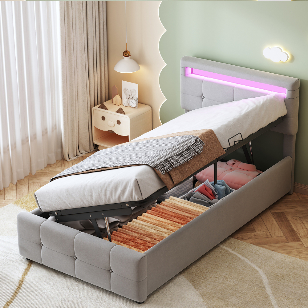 Cama tapizada 90x200 cm con LED y canapé de terciopelo – gris