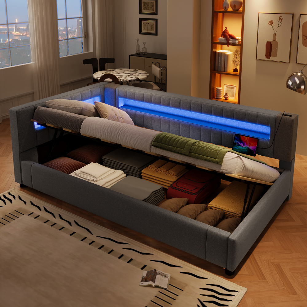 Sofá cama 90x200 cm con canapé hidráulico, LED y usb lino y mdf – gris