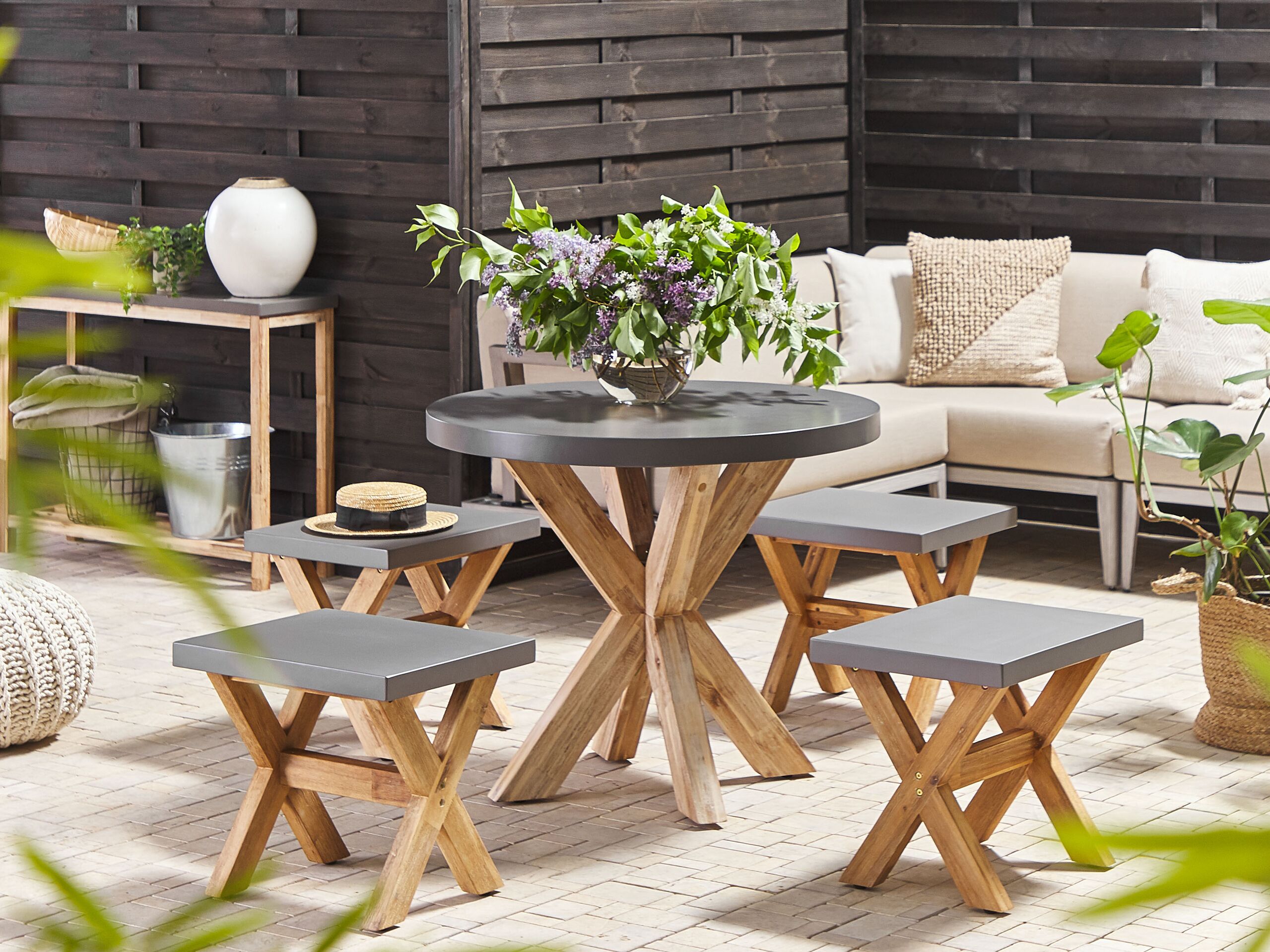 Conjunto de comedor exterior con taburetes 4 plazas olbia cemento gris