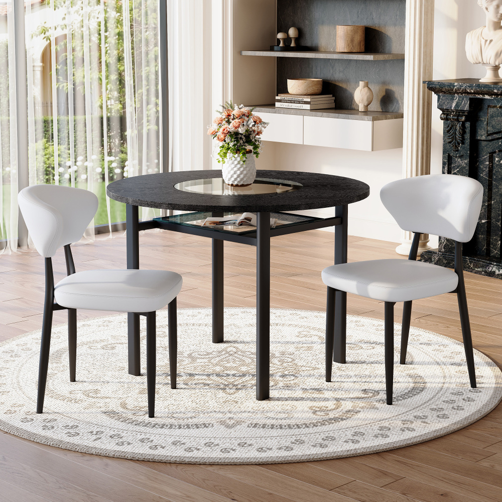Mesa de comedor redonda con 2 sillas mdf negro y blanco 100cm