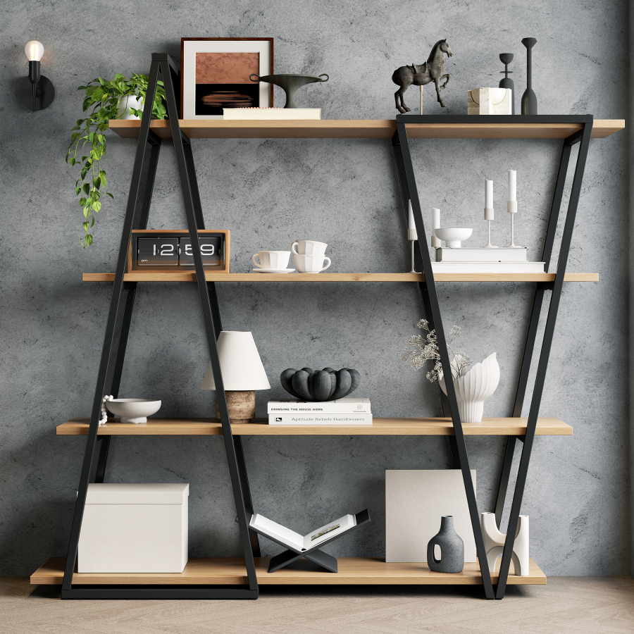 Estantería librería geométrica 4 estantes negro marrón 166x158x35cm