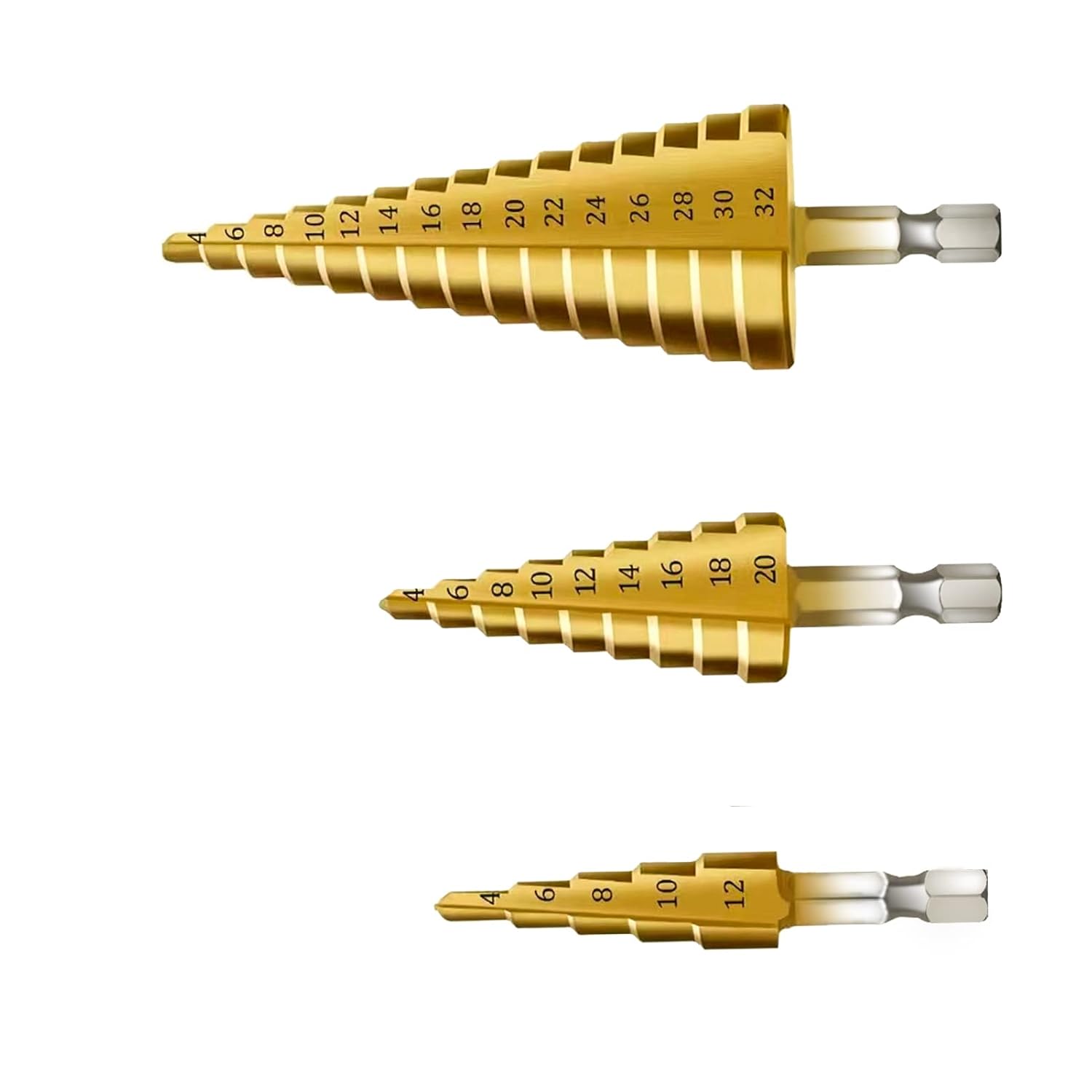 Pack 3 brocas escalonadas titanio 4-32mm metal madera plástico