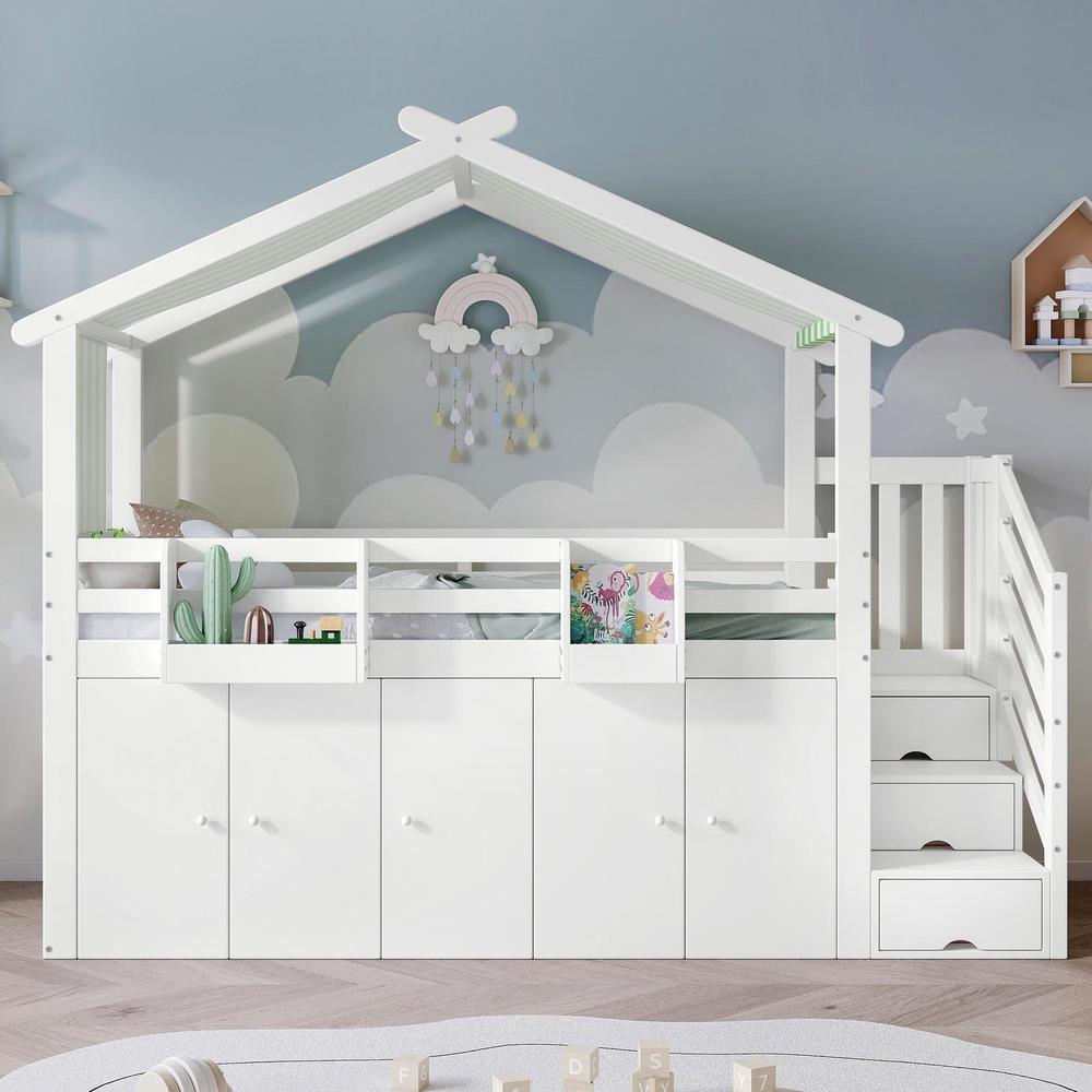 Litera infantil con almacenaje y armario 90x200cm blanca y verde