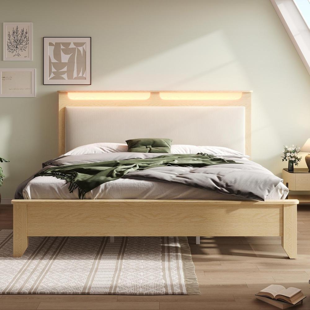 Cama 180x200 chêne clair cabecero LED almacenaje terciopelo beige