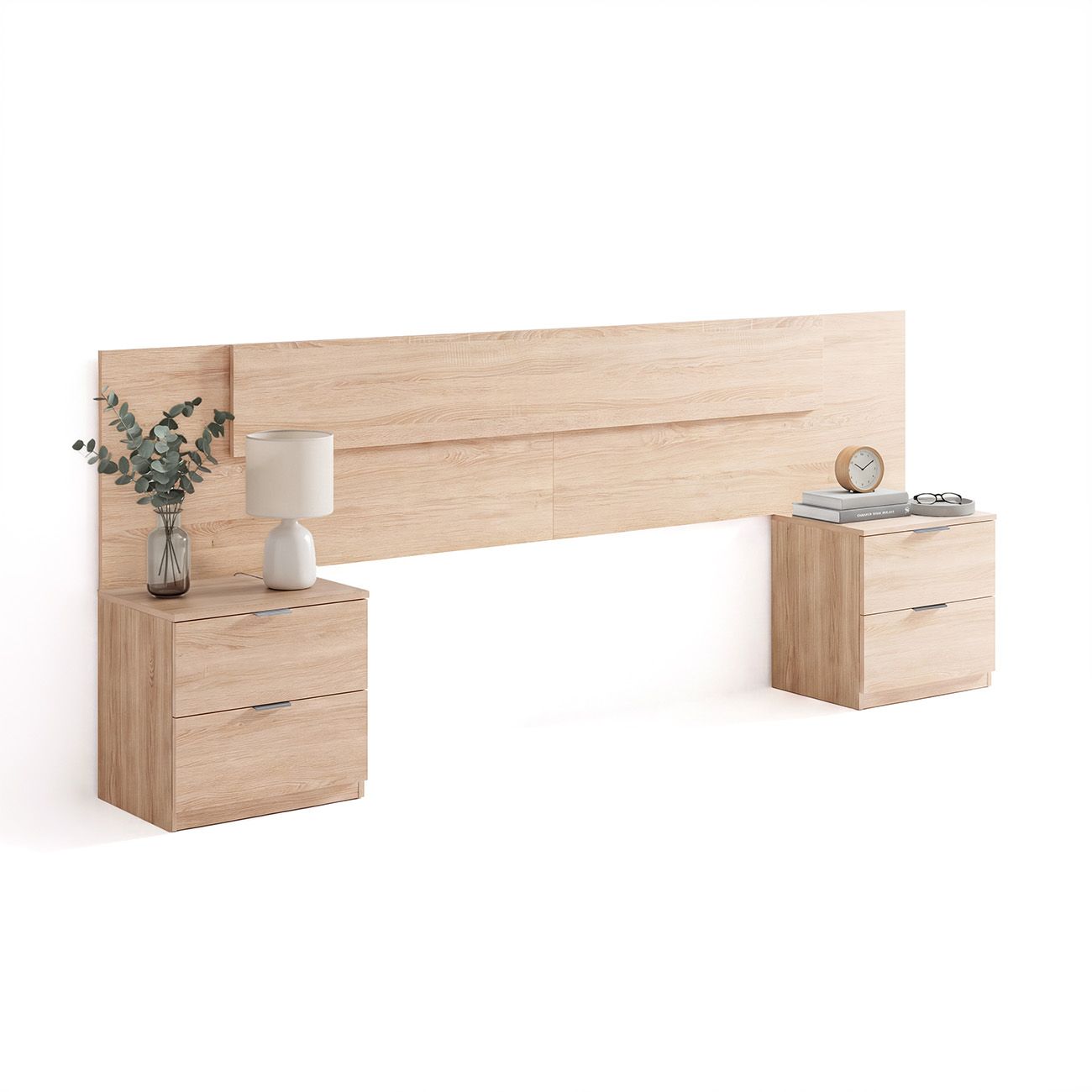 Cabecero para cama de 135-150 cm y 2 mesitas con cajones akari roble
