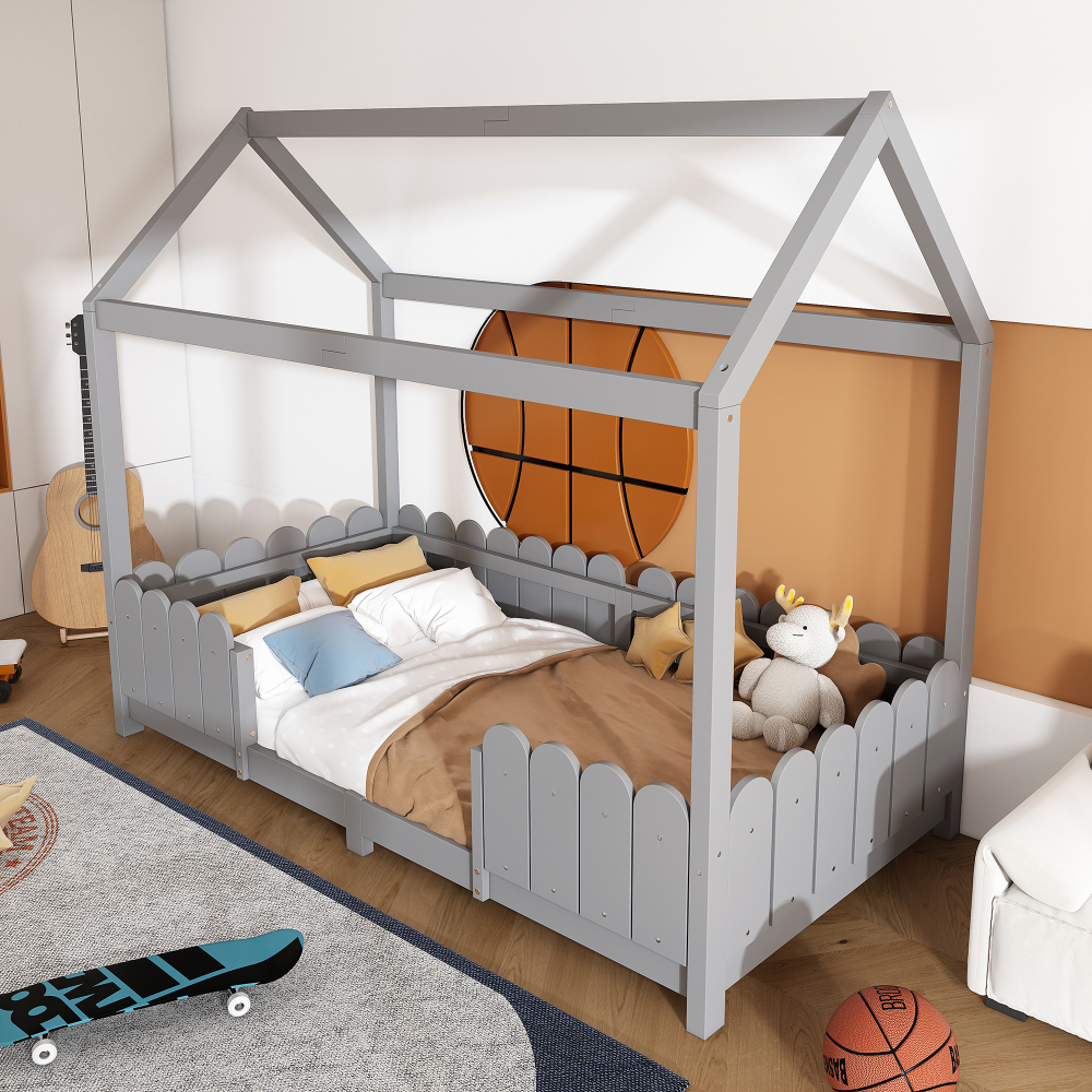 Cama casita infantil 90x200cm con barandilla y somier madera maciza – gris