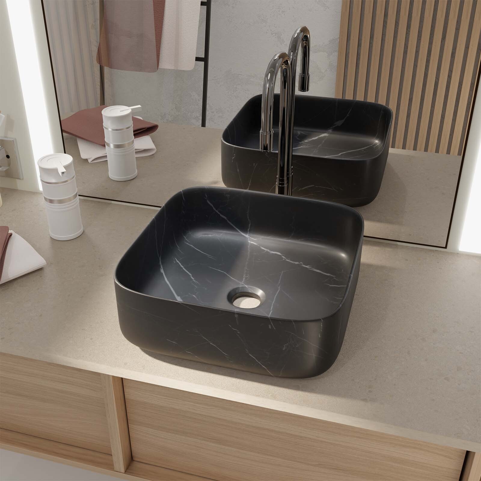 Lavabo cuadrado de cerámica negra mate efecto mármol 38x38x14 cm