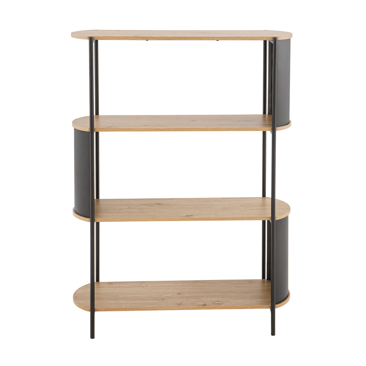 Estantería 4 niveles con acabado de madera y laterales de metal negro