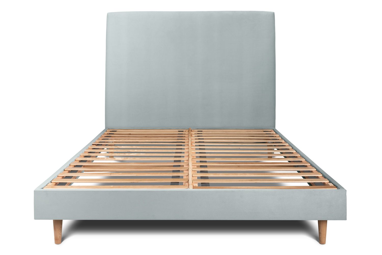 Cama de 135x190 cm con cabecero tapizado - tejido de terciopelo - gris azul