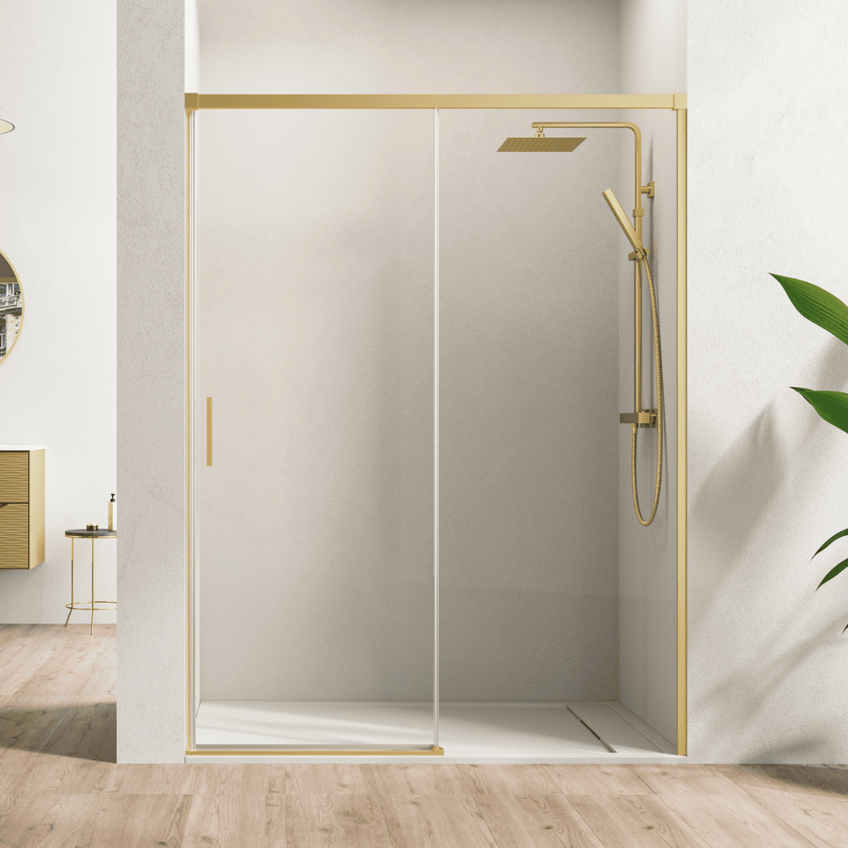 Mampara ducha frontal 1 puerta 1 fijo corredera oro 120 cm