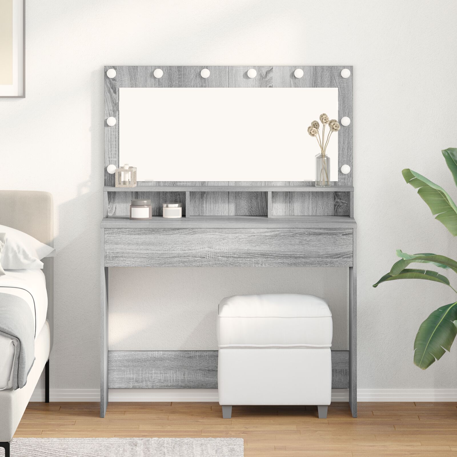 Mesa de tocador con luces LED en gris sonoma 100x41x135 cm oif750241