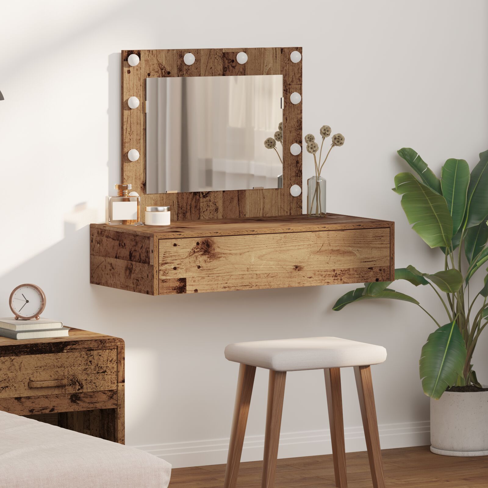 Mesa de tocador montada en la pared con luces LED de madera antigua f4101