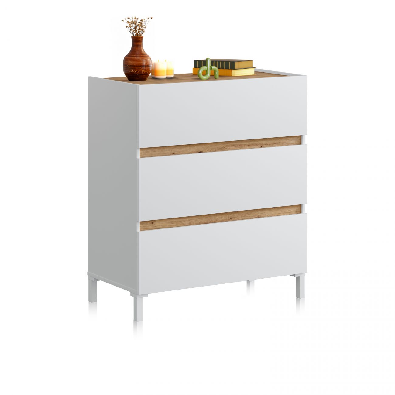 Cómoda de 3 cajones amplios 79x90,5 cm ezra blanco artik - roble nodi