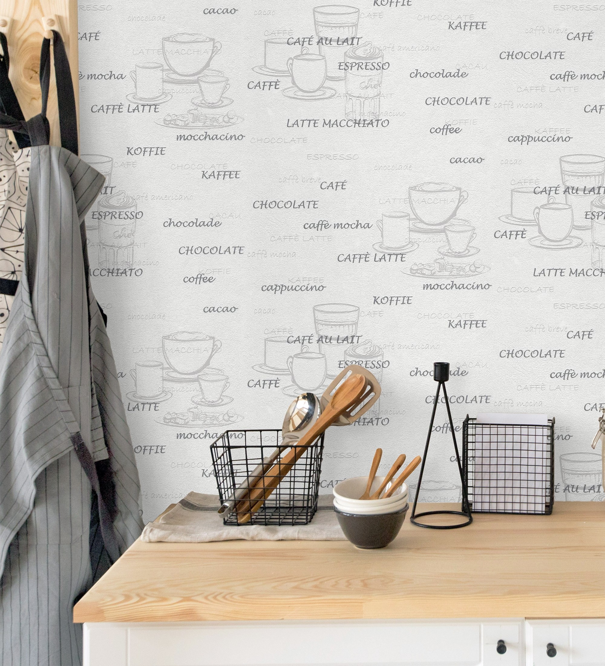 Papel pintado gaulan lavable de tazas de café desayuno, gris 5.33m²