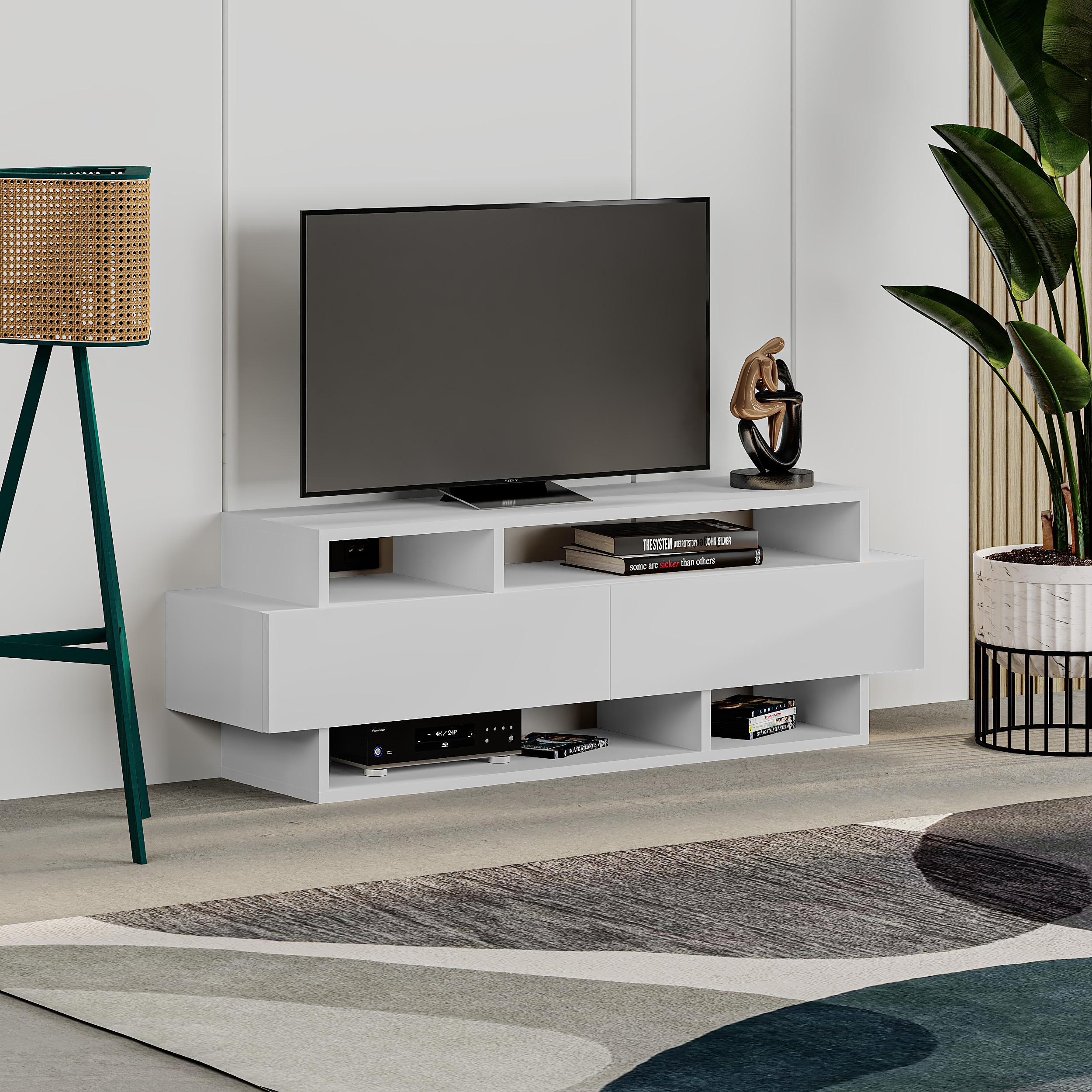 Mesa tv diseño con estantes blanco 42x125x32 cm
