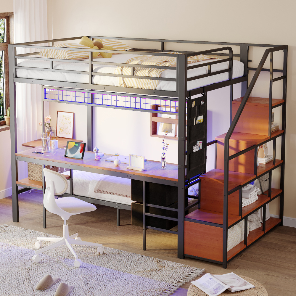Cama alta 90/140x200cm con escritorio, LED y almacenaje metal y mdf – negro