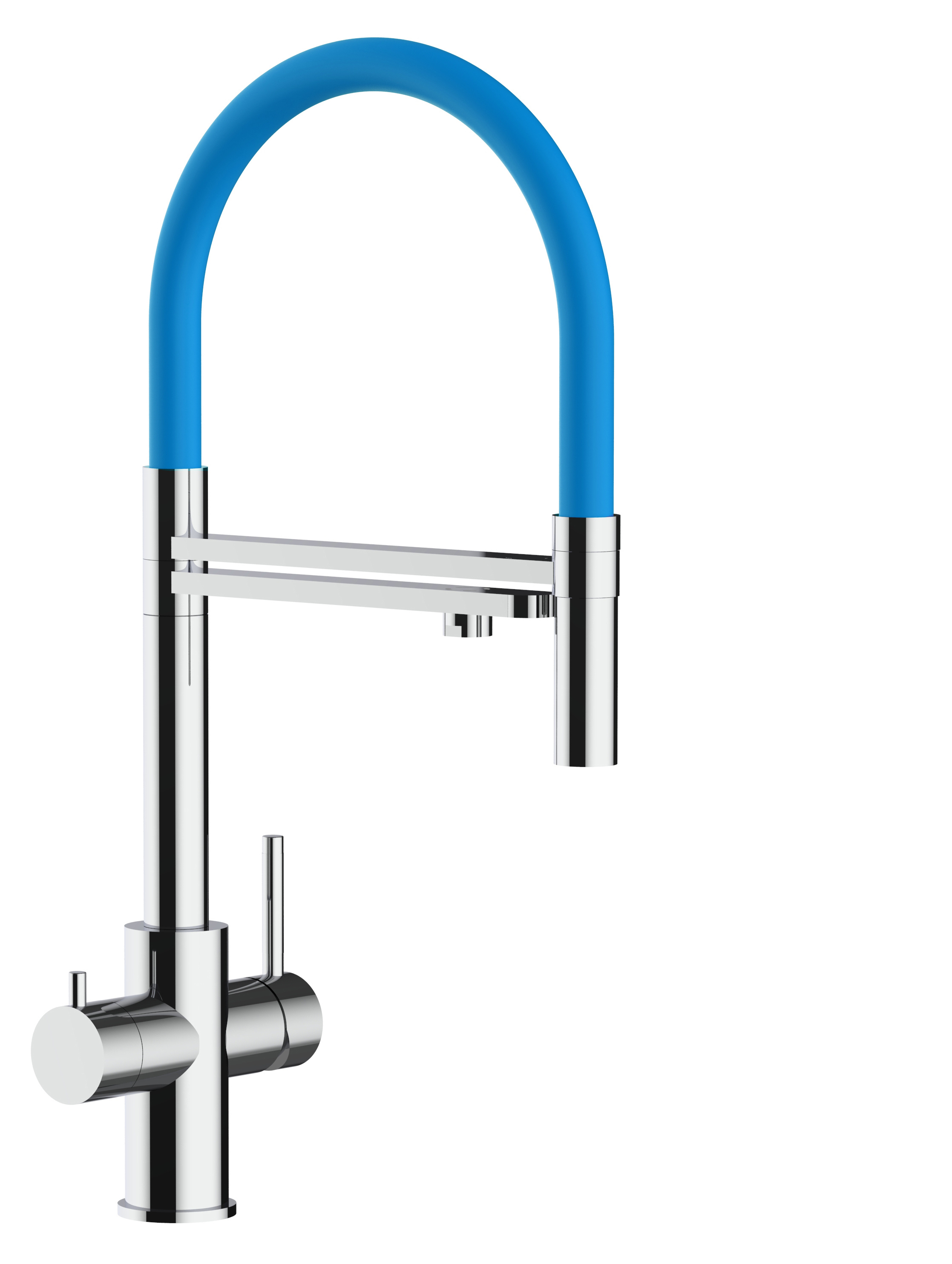Grifo de cocina 5 vías acero inox ducha 2 chorros amovible, pulido/azul, FX