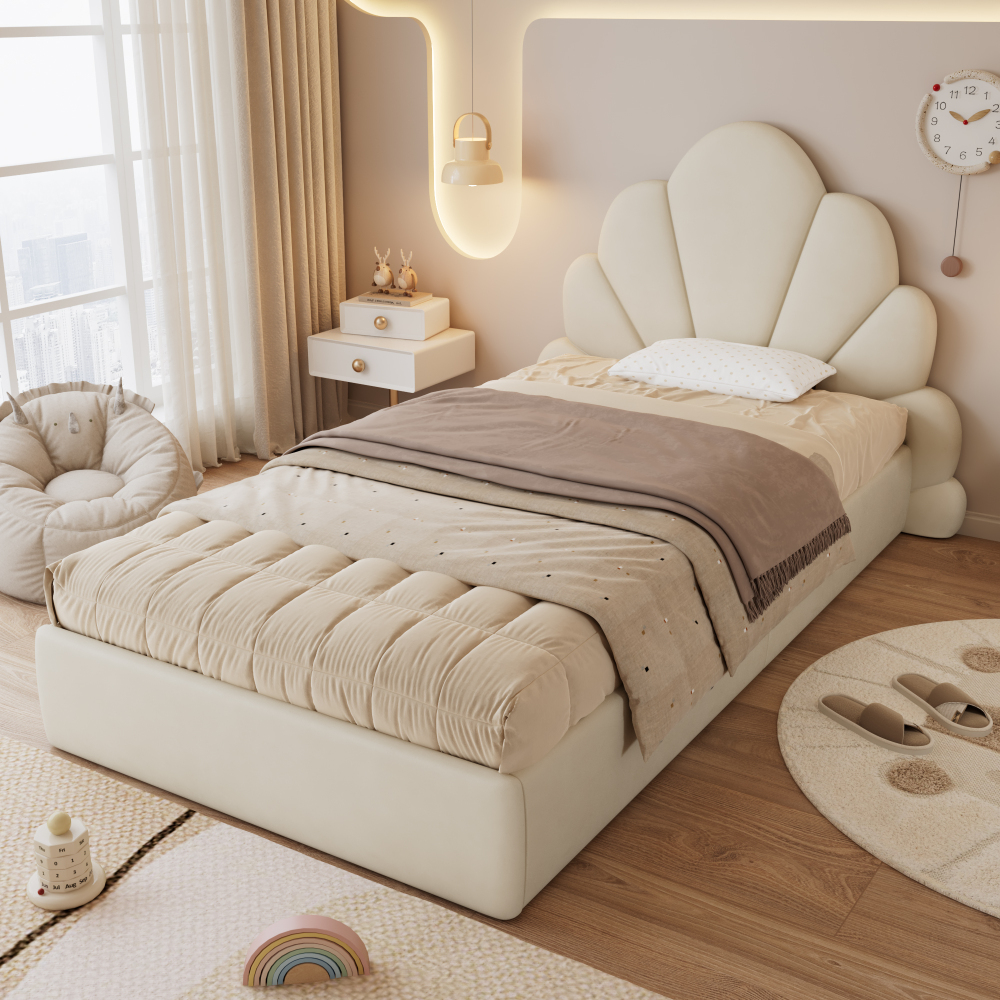 Cama tapizada 90x200cm con cabecero de pétalos terciopelo – beige