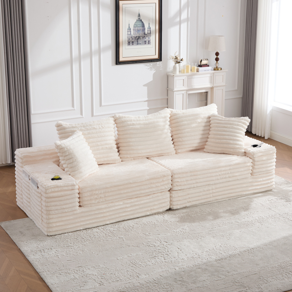 Sofá cama modular pana beige con respaldo alto y portavasos