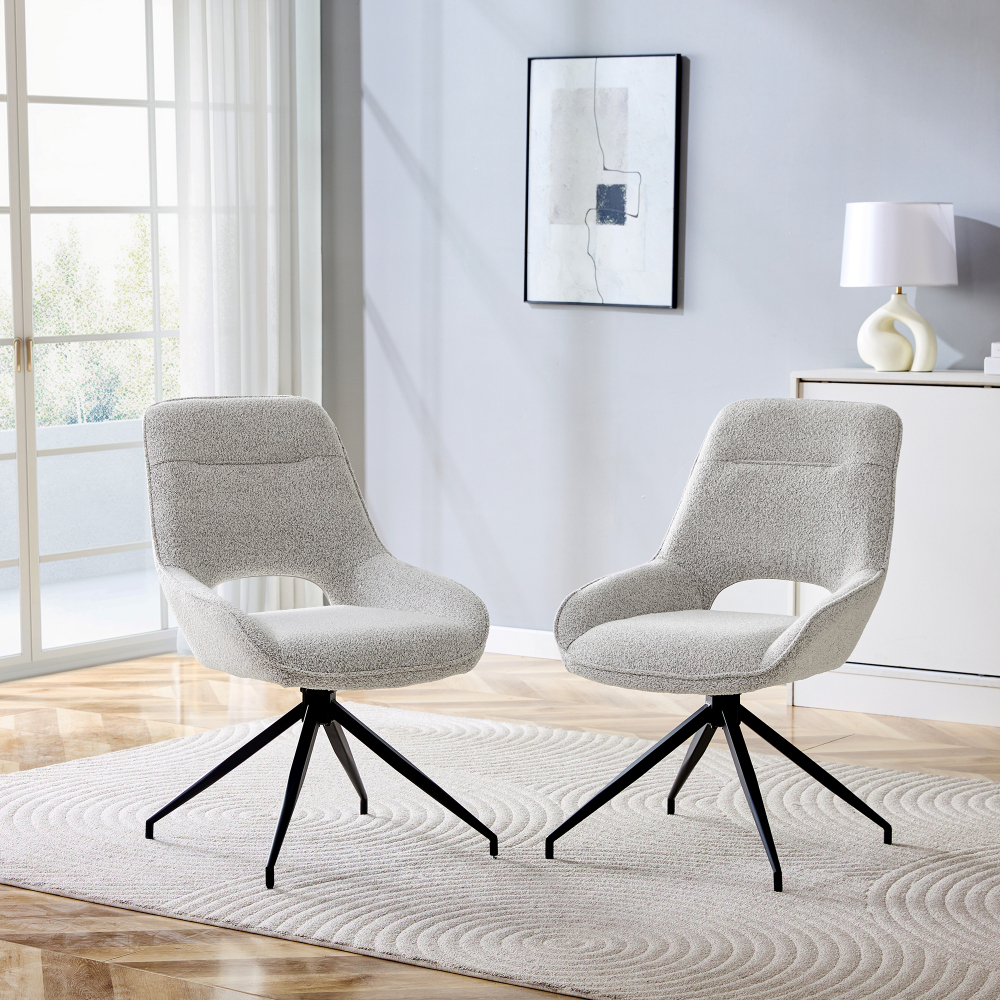 Silla de comedor giratoria de tela gris cálido con patas de metal negro