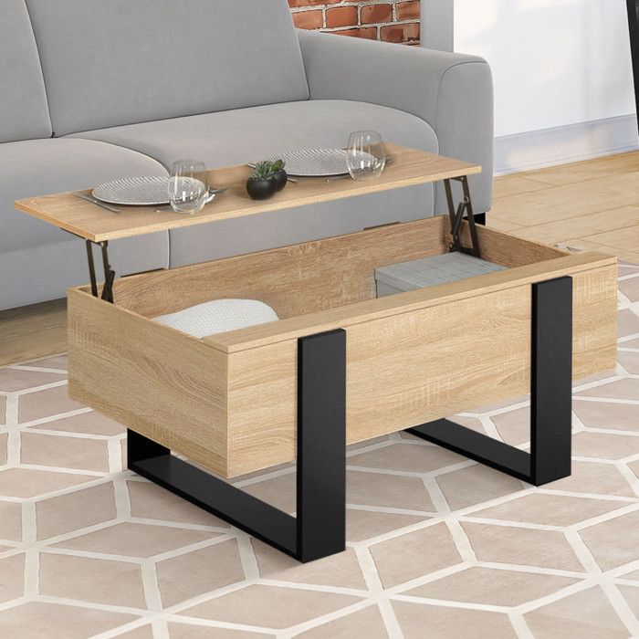 Mesa baja elevable rectangular - efecto madera y negro - 97,5x50 cm