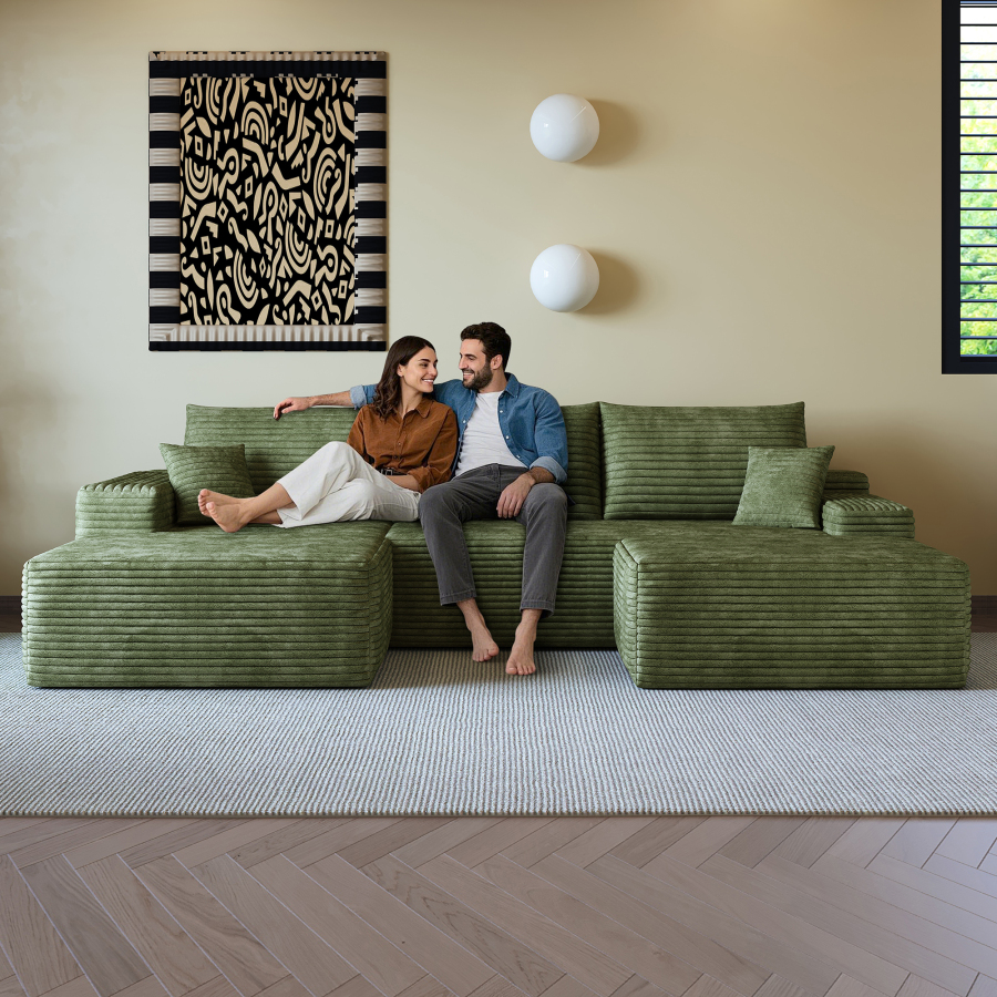 Sofá modular en l con chaise longue de tela verde 4 plazas sin montaje