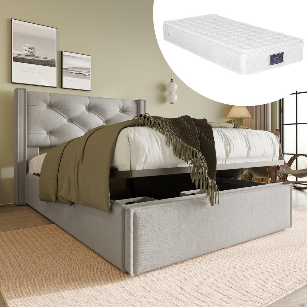 Cama individual 90x200 cm, colchón incluido, gris claro